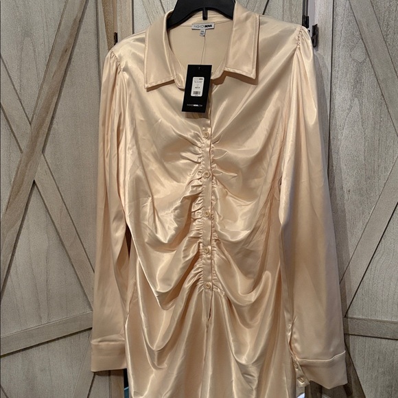 Fashion Nova Ivory Satin Shirt Dress - Picture 7 of 8